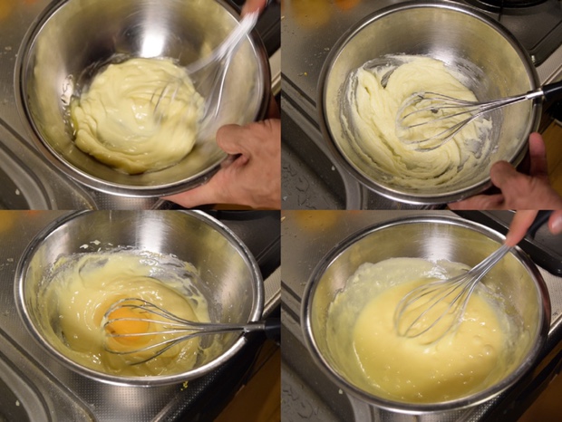 バターを練り砂糖と卵を加える