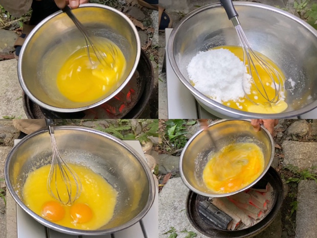 バターを溶かし砂糖と卵を入れる