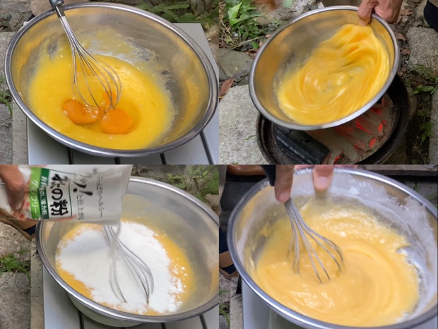 卵を混ぜ米粉を混ぜる