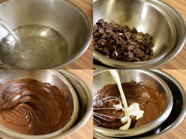チョコレートを湯煎で溶かし、生クリームを加える