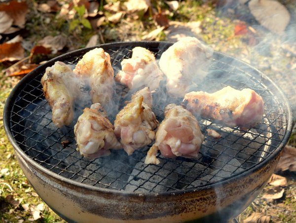 炭火で鶏手羽元を焼く